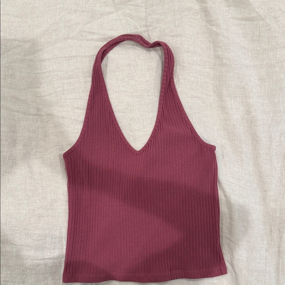 Ribbed Halter Neck Halter Top - Burgundy